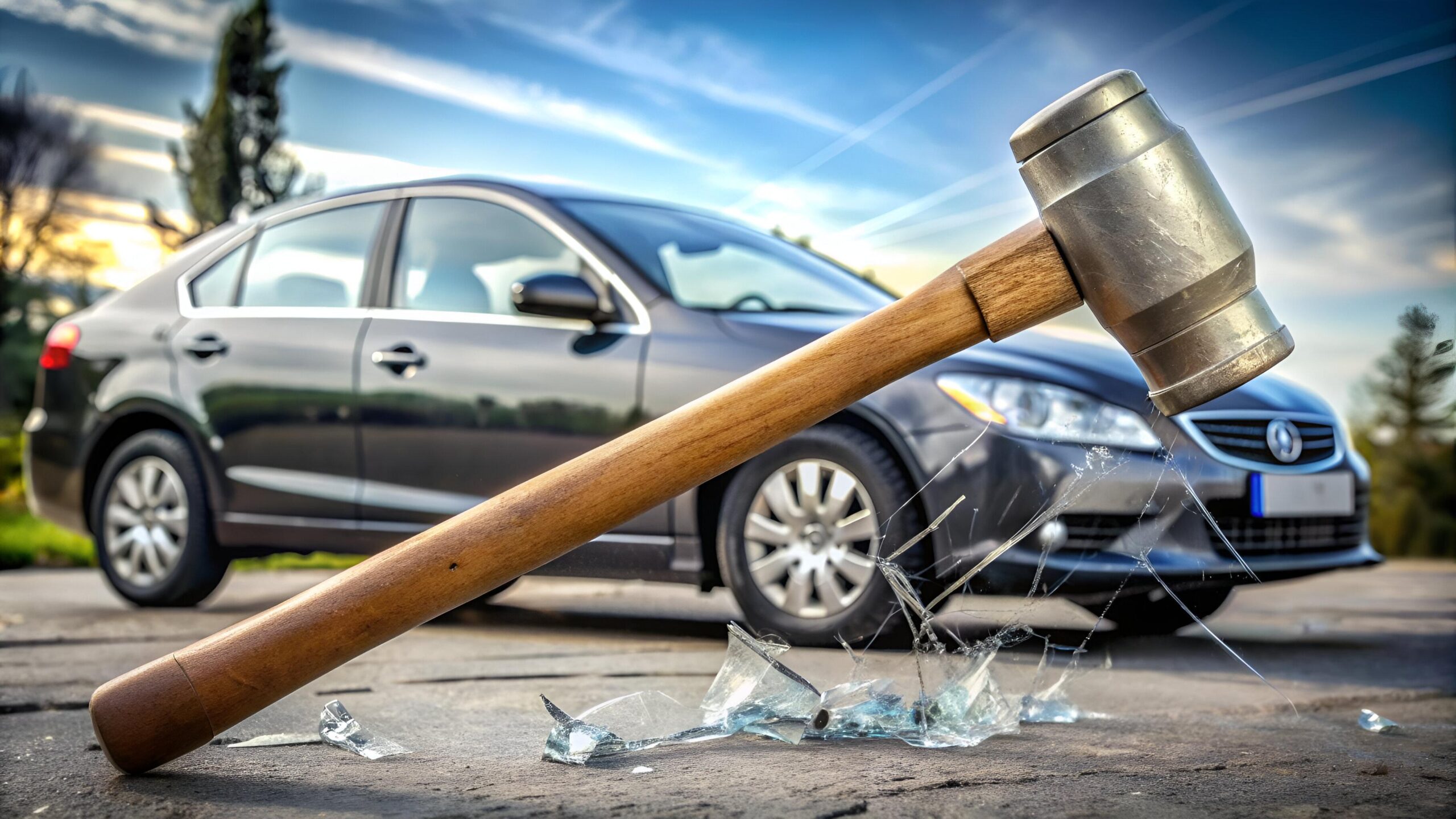 Broken glass with a hammer in focus and a car in the background, symbolizing accident recovery and legal assistance.